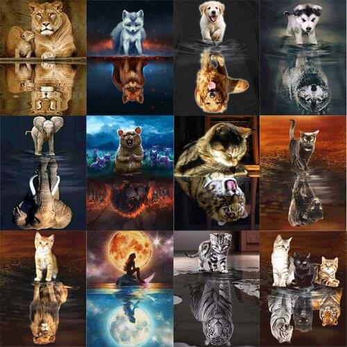 5D Diamond Painting Cat Full Square Diamond Embroidery Animals Reflection Pictures Of Rhinestones Mosaic Home Decor