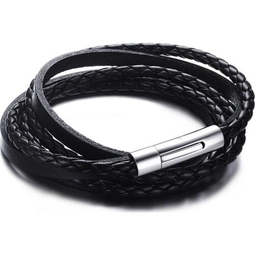 Black Braided Genuine Leather Bracelets for Men Stainless Steel Clasp Bangles Male Boy Best Friends Jewelry B00172