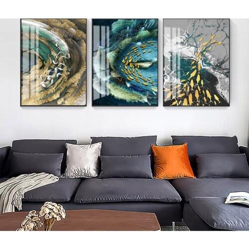 Picture for Living Room 3D Effect Tableaux Abstract Golden Feather Canvas Painting Big Blue Green Print Luxury Wall Art