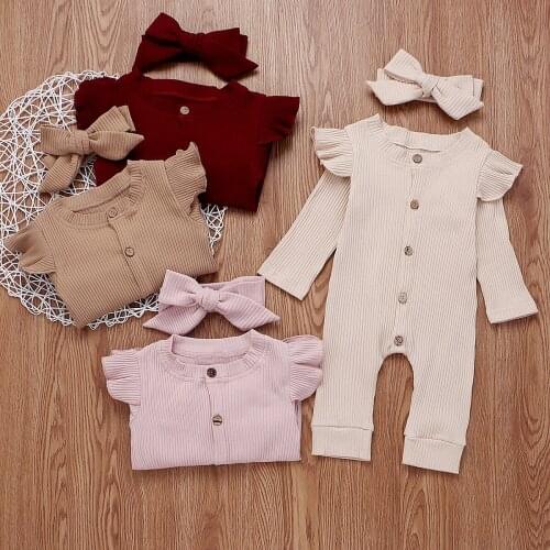 2PCS Newborn Baby Girl Boy Clothes Solid Rompers Knitted Cotton Long Flying Sleeve Jumpsuit Headband Outfits Baby Autumn Clothes