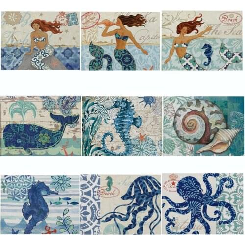 Kitchen Table Mats Cotton Linen Table Napkin Marine Sea Turtle Octopus Pattern Decorative Placemats