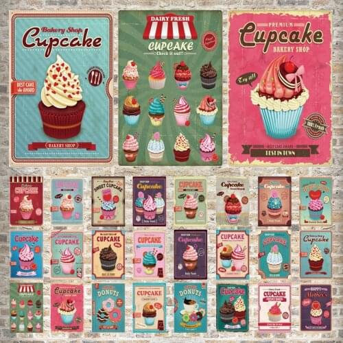 Cupcake Metal Poster Plaque Ice Cream Metal Tin Sign Wall Art Decor For Bakery Kitchen Party Vintage Iron Painting Plate 20x30cm