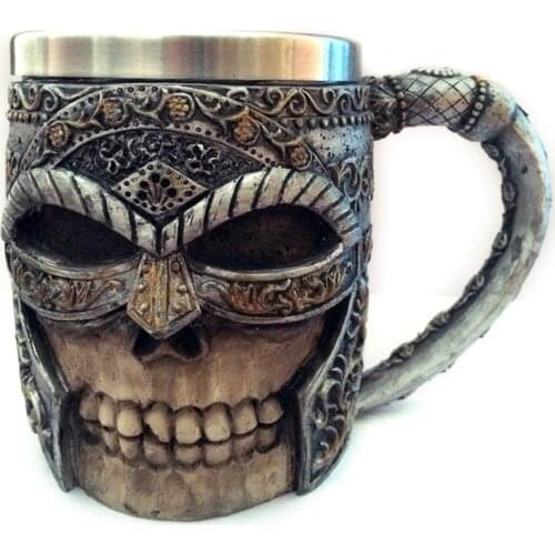 3D Masked Knight Skull Mugs Double Wall Stainless Steel Resin Skull Drinking Beer Coffee Cup Mens Viking Warrior Drinkware Mug
