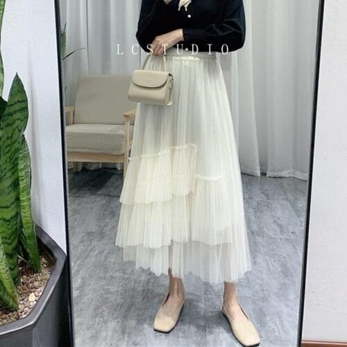 New 2021 Spring Summer A-Line Tulle Skirt Women Fashion Korean High Waist Midi Long Mesh Skirts Female Maxi Tutu Skirt For Lady