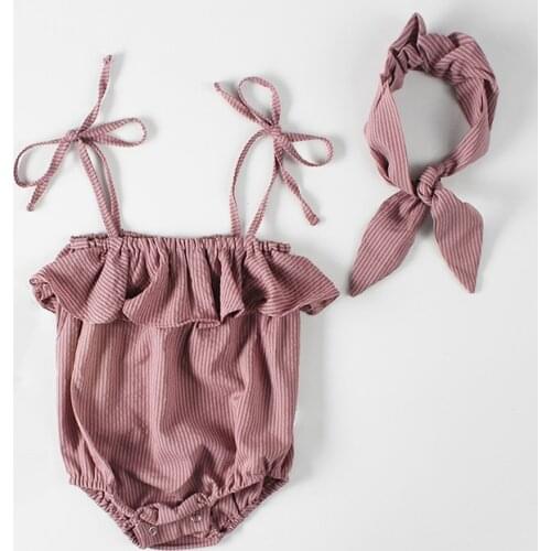 0-24M Newborn Infant Baby Girl Clothes 2019 Summer Cotton Striped Onesie with Matching Headband Sling Sleeveless Baby Bodysuit