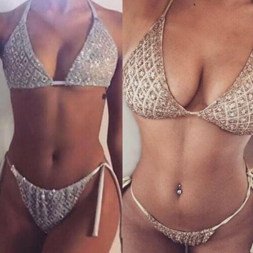 Sexy Women Lace Up Rhombus Glitter Halter e Padded Push-up Bikini Set Swimsuit Beach Bathing Shining Swimwear
