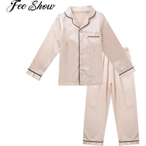 FEESHOW Unisex Kids Boys Girls Pajamas Two Piece Silk Pjs Satin Pajamas Set Button-Down Long Sleeve Tops Pants Set Sleepwear