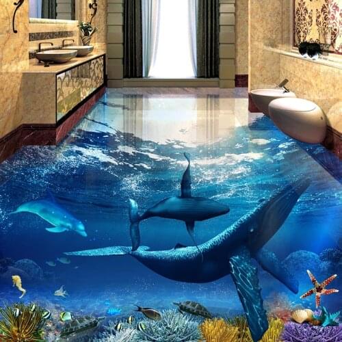 Custom 3D Floor Painting Whale Dolphin Underwater World Bathroom Living Room Bedroom Floor Sticker Mural Wall Paper Waterproof