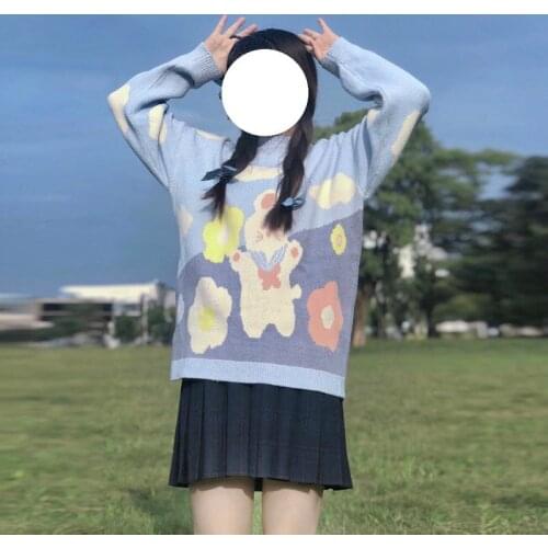 Kawaii Pullover Sweater Women Jumper Tops Autumn Sweet Cute Rabbit Print Core-Spun Sweater Oversize Female Knitted Pull Sweaters