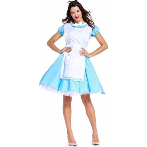 Light Blue Women Halloween Housekeeper Waitress Costumes Female Maid Cosplay Carnival Purim Nightclub Bar Role Play Party Dress