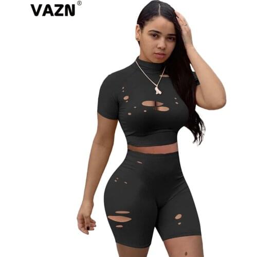 VAZN 2020 New Special Hollow out Sexy High Street Young Soft Tracksuits Short Sleeve Top Knee Length Slim Women 2 Piece Set