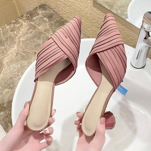 Thick-heeled mid-heeled spring/summer 2021 new pointed toe pleated upper mule shoes women casual simple high heels women