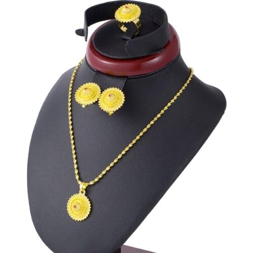 Ethiopian Bride Jewelry Sets for Women Gold Color Necklace Earrings Ring Sets Red Stone Habesha African Wedding Bride Jewelry