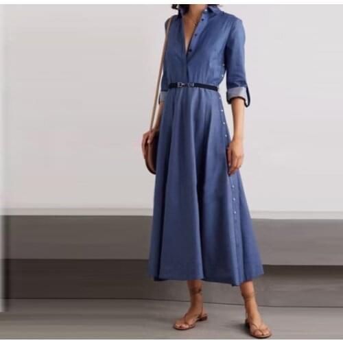 2021 Summer Cowboy Women blue Dress with belt Turn-down Collar Flanks Metal Buckle Preppy Style Tuck-in Dresses