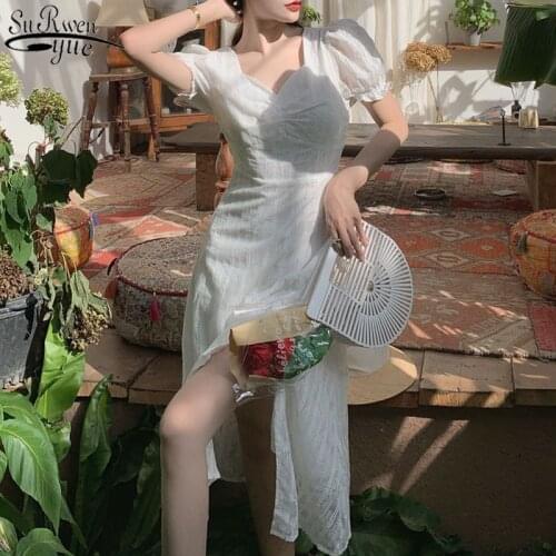 Dress Women Summer French Retro White Dress Square Collar Long Bubble Sleeve Temperament Long Dress Girl 13238