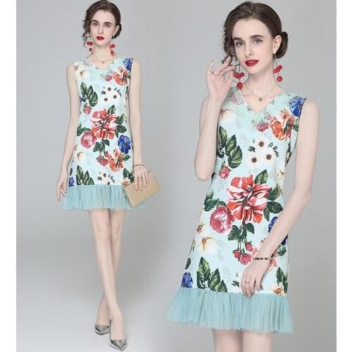 2021 New Designer Summer Dress Women V Neck Beading Multicolor Flower Print Lace Mesh Patchwork Ladies Vintage Mini Dress