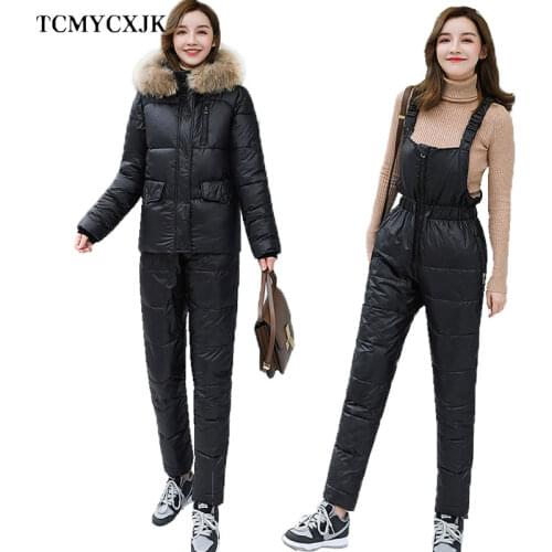 2021 Winter One Piece Ski Jumpsuit Women Overalls Strap Bodysuit+Parka Jacket 2PCS Outdoor Snow Suits Jumpsuit Skiing Pant Sets