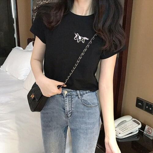 2021Fashion embroidery T-Shirt Female Solid Cotton O-Neck Short Sleeve T-shirts for Women White black T-Shirt
