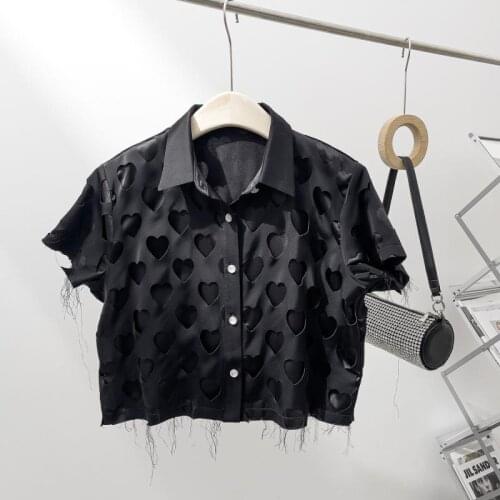 Designer Fashion Chic Double-Layer Love Cutout Satin Short-Sleeved Shirt Black Top Button Tsssles Street Loose Blouses Clothes