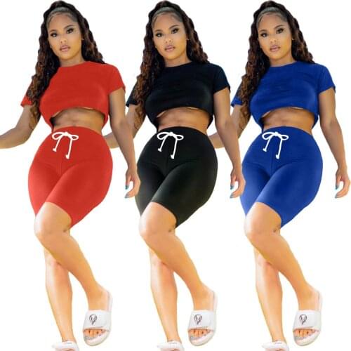 Fitness Women Jogger Set Solid Short Sleeve Crop Top + Skinny Biker Shorts Matching Set 2021 Summer Sporty 2 Piece Set Tracksuit