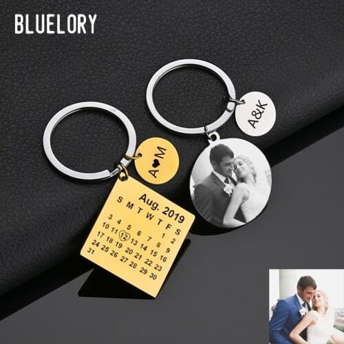 Bluelory Custom Engrave Date Photo Name Calendar Keychain Gold Stainless Steel Customized Keyring For Lover Friend Family
