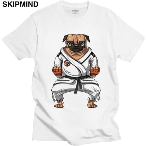 Funny Pug Karate Tshirt Men Soft Cotton Humor Pet Dog T-shirt O-neck Short Sleeved Lover Kung Fu Tee Tops Fitted Apparel Gift