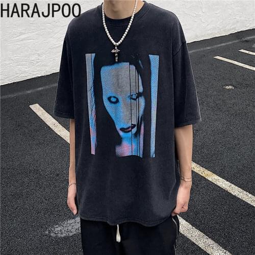 Harajpoo Women T Shirts Summer Korean INS High Street Retro Vintage Loose Wash Old Round Neck Casual Harajuku Short Sleeve Tops