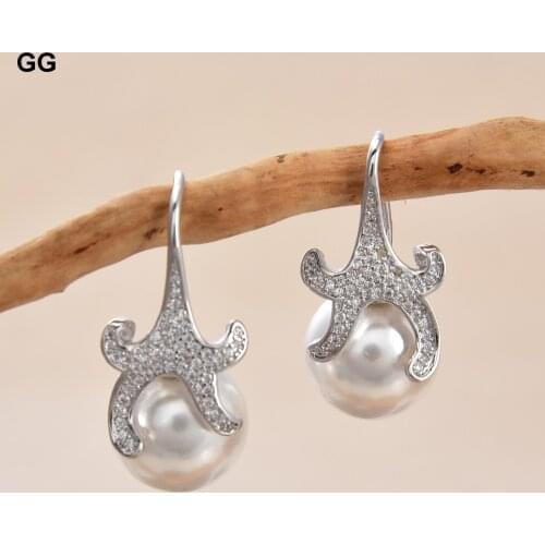GuaiGuai Jewelry 14mm white sea shell Pearl starfish Cz White Gold Plated Hook Earrings