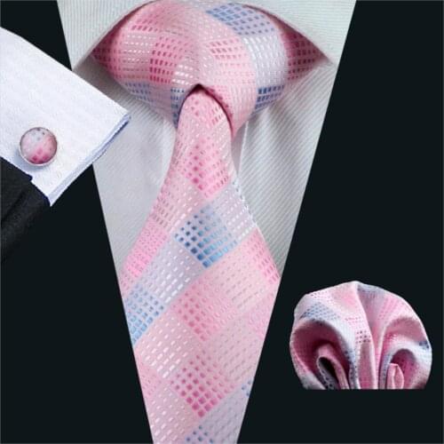 FA-350 Men`s Tie Pink Plaid Silk Jacquard Woven Classic Tie Hanky Cufflinks Set For Men Business Wedding Party Free Shipping