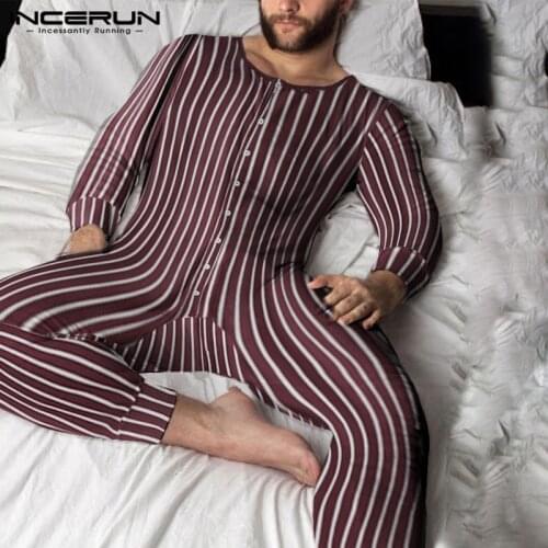 Autumn Men Sexy Bodysuit Onesies INCERUN Leisure Striped Pajamas Rompers Men Long Sleeve V Neck Bodycon Jumpsuits Sleepwear 5XL