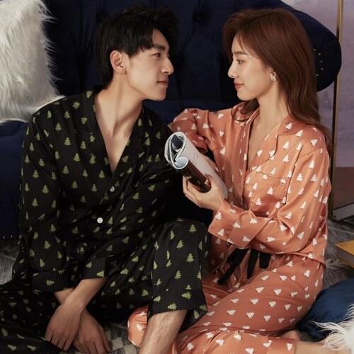 Lovers Pajamas Set Comfort Silk Satin Cartoon Tree Printed Turn-Down Collar Full Sleeve 2Pcs Men Women Sleepwear For Spring Fall