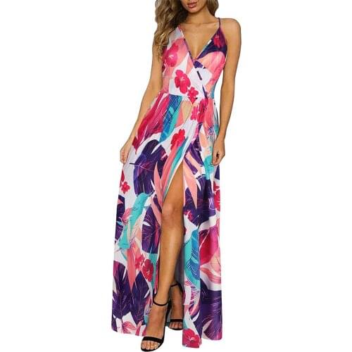 Summer Dress 2021 Womens Fashion Casual Sexy V-neck Print Spaghetti Strap Beach Party Long Dresses For Women Robe Femme