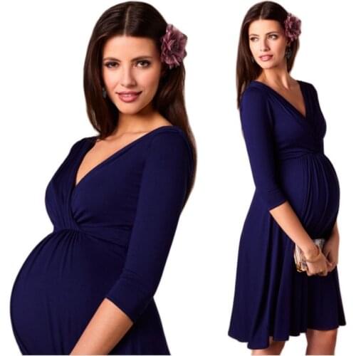 Dresses For Women Pregnant Dresses Maternity V-neck Three Quarter Sleeve Pleated Beautiful Clothes Pregnancy Party Evening Dress