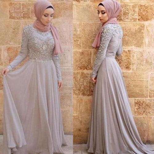 Silver Gray Appliqued Evening Dresses 2020 Arabic Dubai Vintage Long Sleeve High Neck Formal Occasion Party Gowns Prom Dress