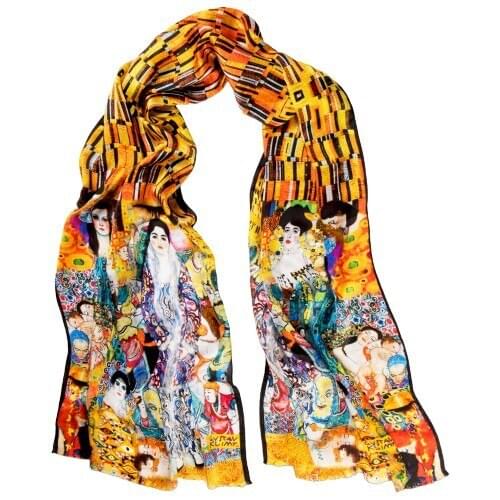 Galiga 100% Bursa Silk Scarf Klimt Mix Yellow-White Artwork Female Figures Made In Turkey Women Fashion Natural Silk 165x45 CM