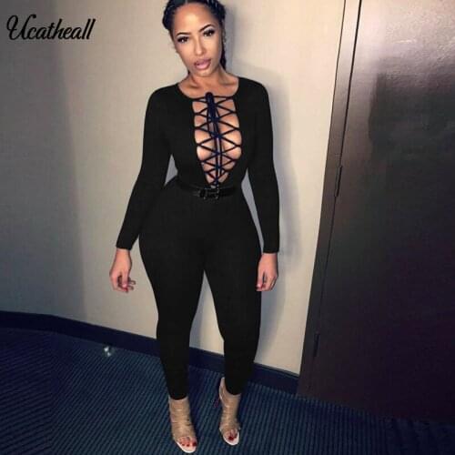 Sexy Club Bandage Bodysuits Women V-Neck Lace Up Hollow Out Clubwear Skinny Jumpsuit Long Sleeve Party Club Playsuits