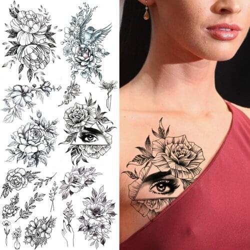Black Rose Tribal Eye Temporary Tattoos For Women Adult Realistic Flora Flowers Birds Fake Tattoo Stickers Washable Tatoo Paste