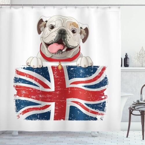 English Bulldog Flag Shower Curtain Set Funny Tongue Union Jack Curtain for Bathroom Decor 12 Hooks Decorative Bath Accessory