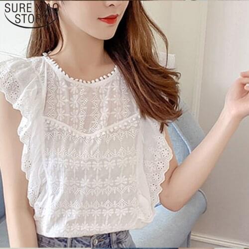 Women Blouse Fashion Summer Women Tops Sleeveless O-neck Sweet Style Women Lace shirt Elegant Tops Plus Size 5087 50
