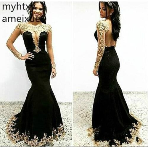 2020 Black Sexy Prom Dress Mermaid Gold Appliques Long Sleeve Formal Evening Party Gown Custom Made Plus Size Prom Dress Elegant