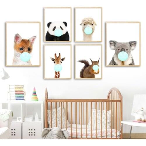 Animal Panda Fox Llama Raccoon Giraffe Bubble Wall Art Canvas Painting Nordic Posters And Prints Wall Pictures Kids Room Decor