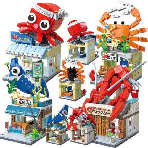 4pcs City Creator Japanese Street View Series Octopus Crab Shop MOC Model Building Blocks Bricks Toys Christmas Gifts