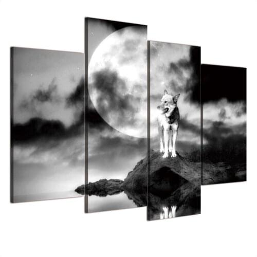 4 piece canvas painting wolf on the rock moon night HD posters and prints canvas painting for living room free shipping XA-1908B