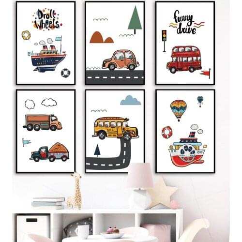 Car Cartoon Funny Cute Wall Art Canvas Painting Nordic Posters and Prints Wall Pictures for Living Children Bedroom Decoration