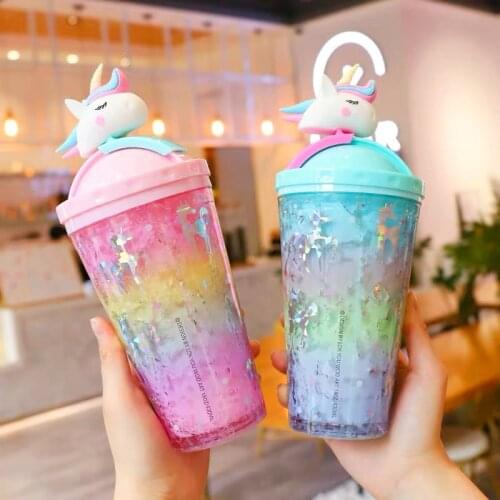Kawaii Unicorn Bottle Creative Sequin Rabbit Crushed Ice Cup Summer Drink Bottle with Straw Coffee Juice Cups with Lid and Straw