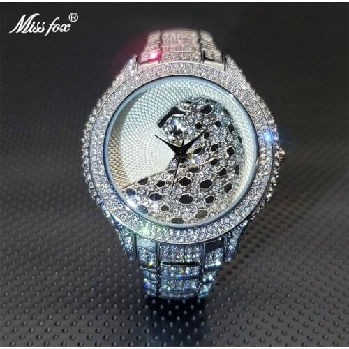 MISSFOX Black Leopard Watch Luxury Brand Charms Full Diamond Hip Hop Quartz Watches for Male Waterproof Couple reloj hombre