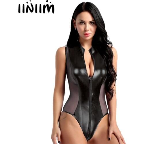 Iiniim Women Fancy Clubwear Catsuit Shiny Metallic Sheer Mesh Splice Zipper High Cut Thong Leotard Bodysuit for Night Costumes