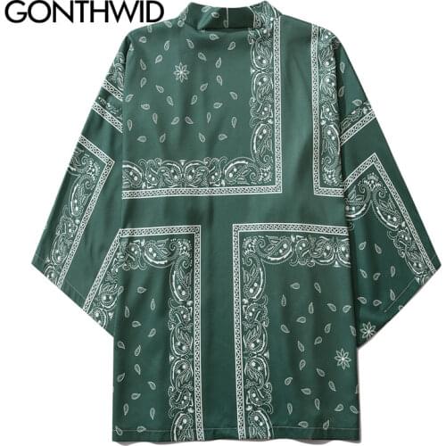 GONTHWID Cashew Flowers Print Kimono Cardigan Green Shirts Jacket Hip Hop Streetwear Jackets Men Casual Open Front Coats Tops