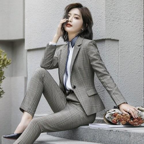 Set womens clothing brand womens autumn and winter new retro plaid suit feet pants two sets of wild professional wear 2 sets