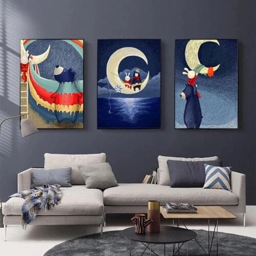 Moon Bunny Bear Animal Child Canvas Painting Art Picture Simple Cartoon Posters and Prints Nordic Kids Baby Room Decoration